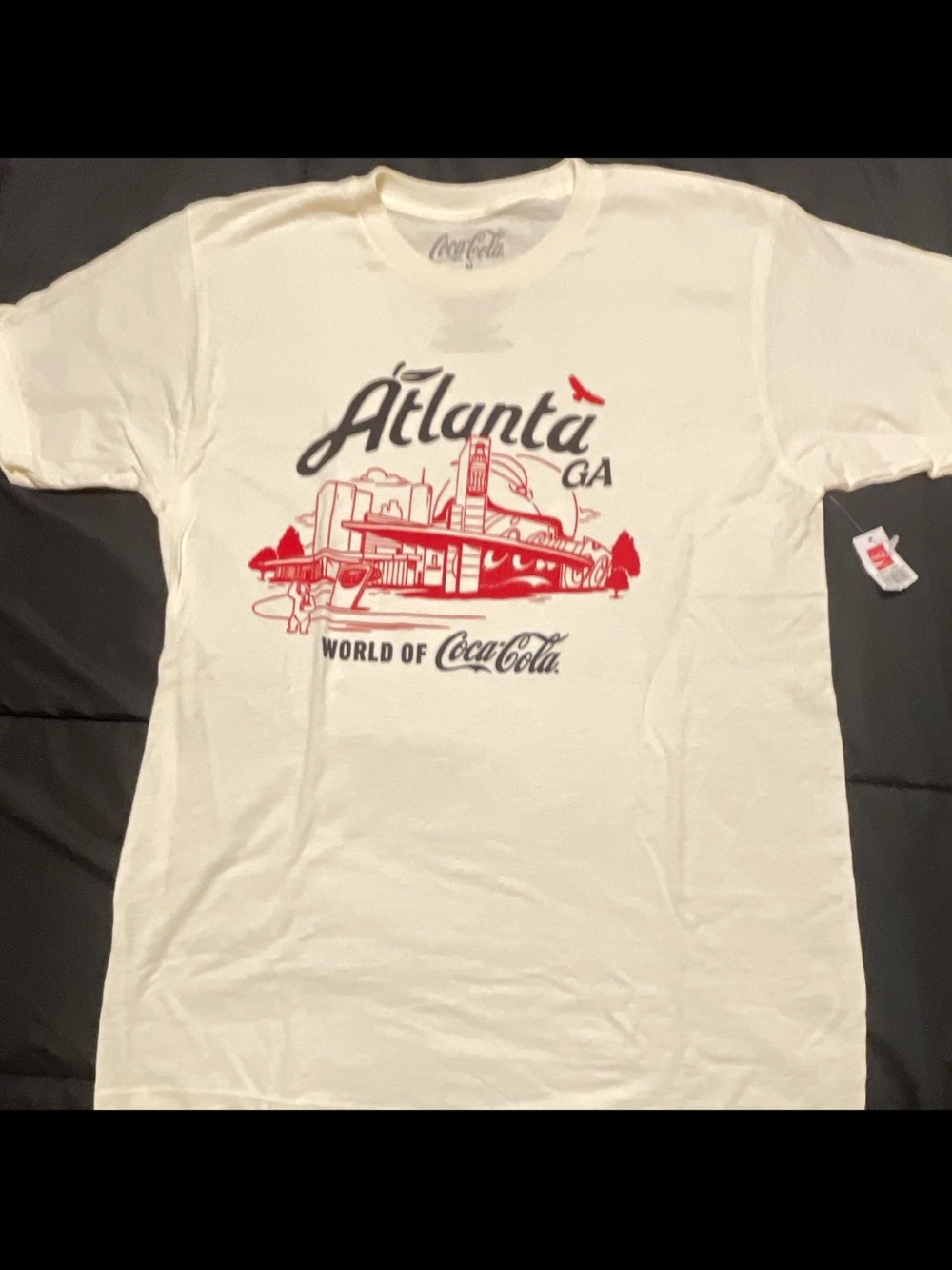 Coca Cola White Tee with Red & Navy Atlanta Graphic medium but runs like small